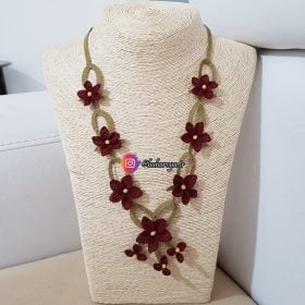 Needle Lace Moon Star Necklace Burgundy