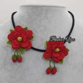 Needle Lace Rose With Cranberries Necklace