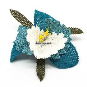 Needle Lace Orchid Brooch Petrol Blue