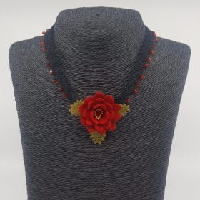 Needle Lace Beaded Rose Necklace Red