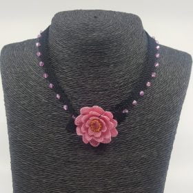Needle Lace Crystal Rose Necklace Pink