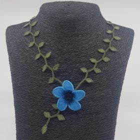 Needle Lace Lily With Leaves Necklace Blue