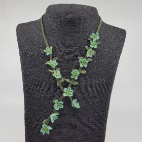 Needle Lace Flowers In A Row Necklace Sea Green