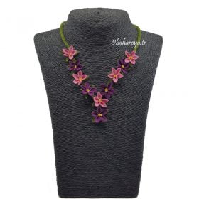 Needle Lace Flowers In A Row Necklace Purple-Pink