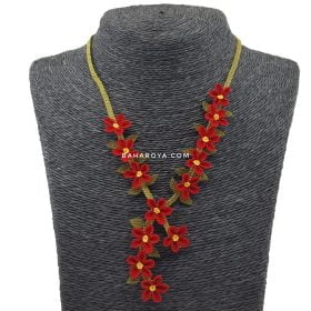 Needle Lace Flowers In A Row Necklace Red