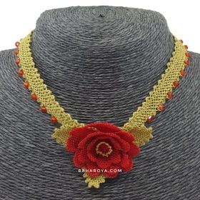 Needle Lace Beaded Rose Necklace Red (Green Rope)