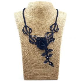 Needle Lace Black Rose Necklace Navy Blue