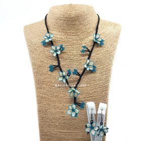 Needle Lace Ecrin Necklace-Earrings Set Blue-Cream