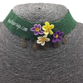 Needle Lace Flowers Choker Necklace Green