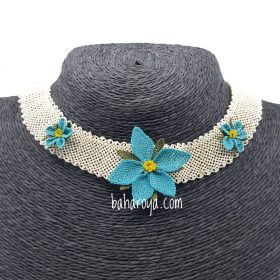 Needle Lace Choker Necklace Light Blue - Cream