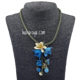 Needle Lace Pendulum Flower With Balls Necklace Blue