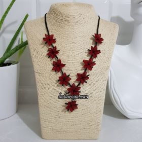Needle Lace Flowers In A Row Necklace Red-Black