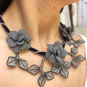Needle Lace Rose Branch Necklace Gray - Navy Blue