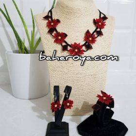 Needle Lace Garden Flower with Leafs Necklace-Earrings-Bracelet Set Red-Black