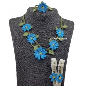 İğne Oyası Bahçe Çiçeği Yapraklı Kolye-Küpe-Bileklik Set Mavi
