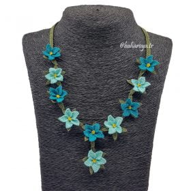 Needle Lace Flowers In A Row Necklace Sea Green - Green