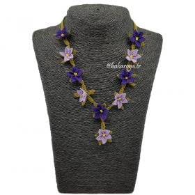 Needle Lace Flowers In A Row Necklace Purple-Lilac