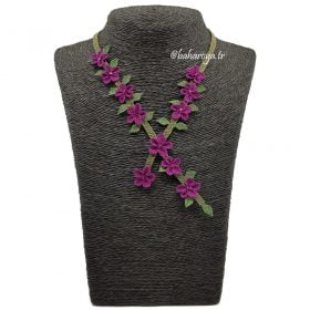 Needle Lace Flowers In A Row Necklace Purple