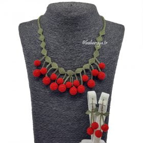 Needle Lace Balls in a Row Necklace - Earrings Set Red