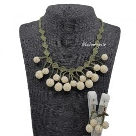 Needle Lace Balls in a Row Necklace - Earrings Set Cream