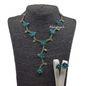 Needle Lace Zigzag Necklace-Earrings Set Turquoise