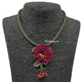 Needle Lace Rose Bouquet Necklace Damson