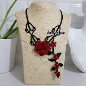 Needle Lace Black Rose Necklace Red