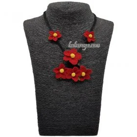 Needle Lace My Summer Flower Necklace Red - Black