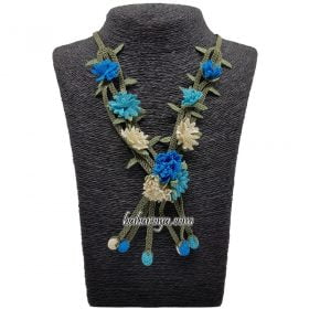 Needle Lace Carnation Garden Necklace Blue