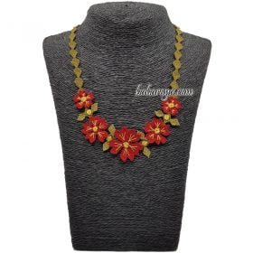 Needle Lace Garden Flower Necklace Yellow - Red (Green Cord)