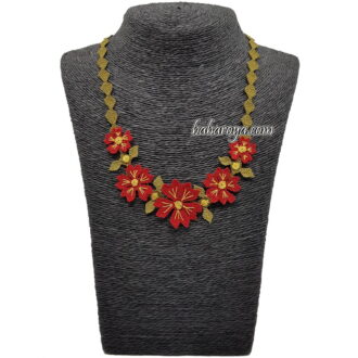 İğne Oyası Bahçe Çiçeği Kolye Sarı - Kırmızı (Yeşil Sap)