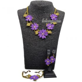 Needle Lace Garden Flower with Leafs Necklace-Earrings-Bracelet Set Lilac