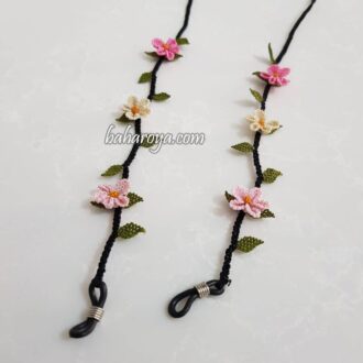 İğne Oyası Çiçek Gözlük İpi Pembe - Açık Pembe - Krem (Siyah Kordon)