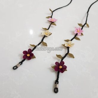 İğne Oyası Çiçek Gözlük İpi Mor - Açık Pembe - Krem (Siyah Kordon)