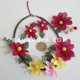 Needle Lace Rose World Necklace - Earrings - Brooch Set Pink - Purple