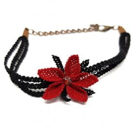 Needle Lace Triple Cord Single Flower Bracelet Red - Black
