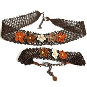 Needle Lace Wild Flowers Choker Necklace - Bracelet Set Brown