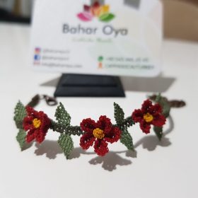 Handmade Turkish Crochet Needle Lace Triple Flower Bracelet Red