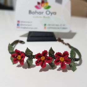 Handmade Turkish Crochet Needle Lace Triple Flower Bracelet Dark Pink
