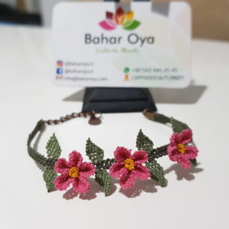 İğne Oyası Üç Çiçekli Bileklik Açık Pembe
