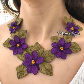 Handmade Turkish Crochet Needle Lace Flower Garden Necklace Lilac