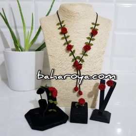 Handmade Turkish Crochet Needle Lace Unopened Rose Necklace - Earrings - Bracelet - Ring Set