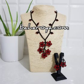 Handmade Turkish Crochet Needle Lace Spring Flowers of Fatoş Necklace - Earrings Set Red - Black Plain