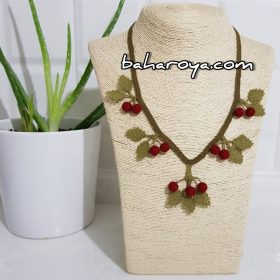 Handmade Turkish Crochet Needle Lace Cherry Necklace With Leaves Red No: 2