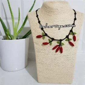 Needle Lace Cranberry Necklace Red - Black
