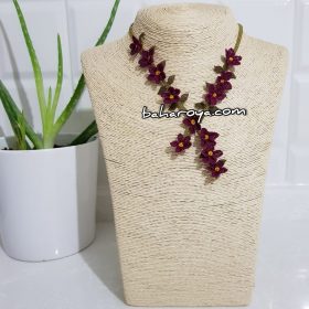 Handmade Turkish Crochet Needle Lace Flowers In A Row Necklace Damson