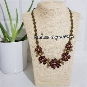 Handmade Turkish Crochet Needle Lace Garden Flower Necklace Burgundy