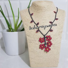 Handmade Turkish Crochet Needle Lace Spring Flowers of Fatoş Necklace Plain Pink - Gray