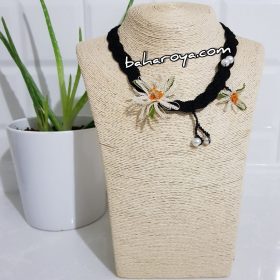 Handmade Turkish Crochet Needle Lace Pearl Braid Daisy Necklace (Black Cord)