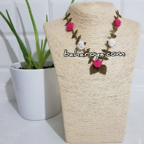 Handmade Turkish Crochet Needle Lace Bud Rose Necklace Pink - White